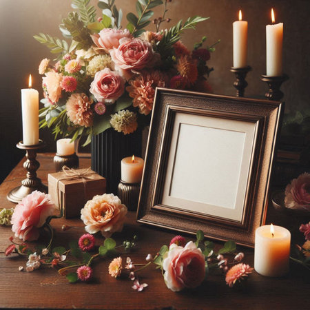 Photo frame mockup with flowers and candles on wooden table. Floral compositionの写真素材