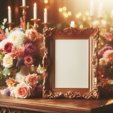 Vintage photo frame on the table with flowers in the background.