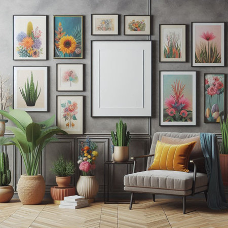 Interior of modern living room with gray walls, wooden floor, comfortable sofa and flowers in pots....