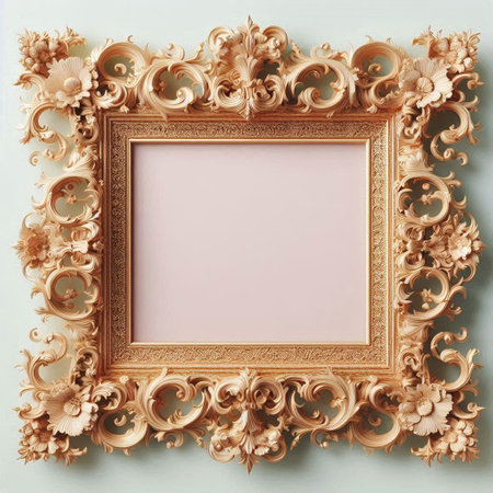 Classic golden frame with ornament decor on the wall. Vintage style.