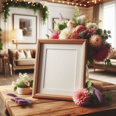 Blank photo frame mockup with flowers on wooden table in room