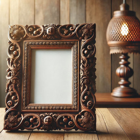 Vintage photo frame on wooden background. Vintage style. Copy space.の写真素材