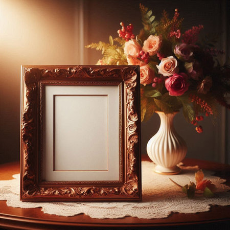 Vintage photo frame with a bouquet of flowers on the table.の写真素材