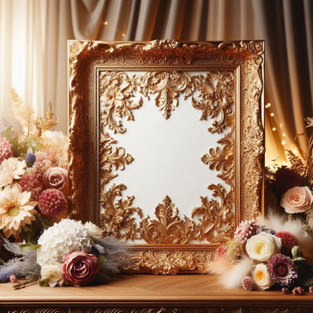 Golden vintage picture frame with flowers on the table. 3d rendering