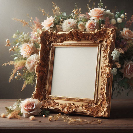 Vintage photo frame with roses and dried flowers on wooden table.の写真素材