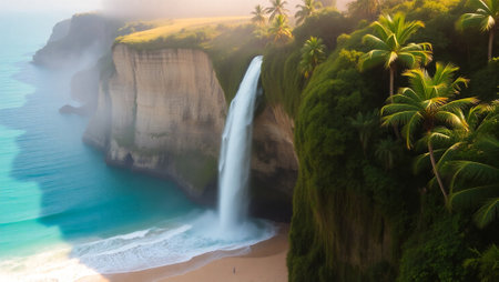Aerial view of beautiful waterfall at Nusa Penida island, Indonesiaの写真素材