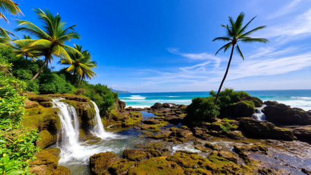 Tropical waterfall and palm trees on the coast