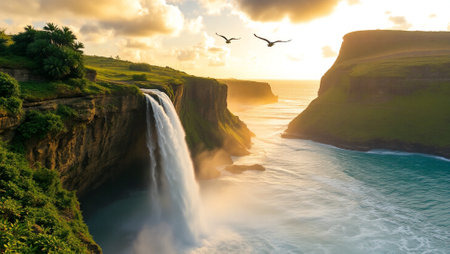 Sunset at the Seljalandsfoss waterfall in South Iceland