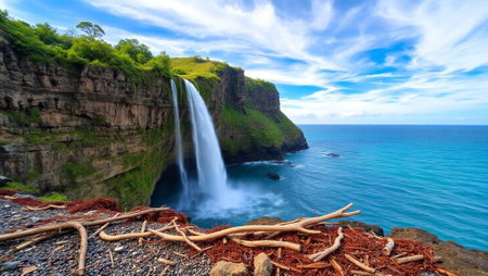 Hjalparfoss waterfall on the south coast of Icelandの写真素材