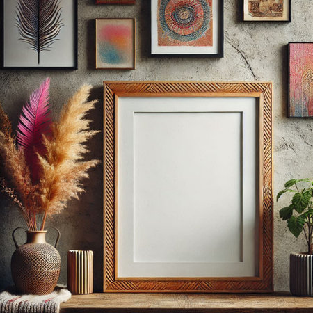 Mock up poster frame with pampas grass in vase. 3d renderingの写真素材