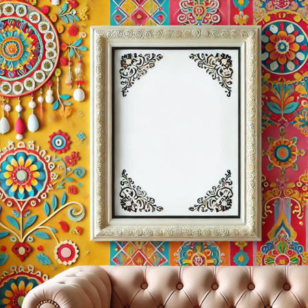 Vintage frame on the background of colorful wallpaper. Copy space.の写真素材