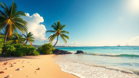 Tropical beach with palm trees and blue sky at Seychellesの写真素材