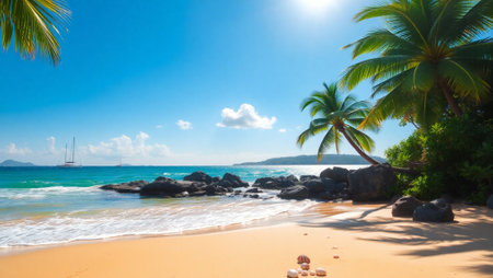 Tropical beach with palm trees, granite rocks and blue skyの写真素材