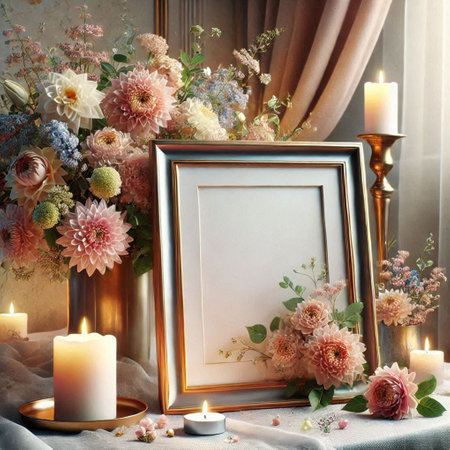 Wedding decor with flowers, candles and frame on a table