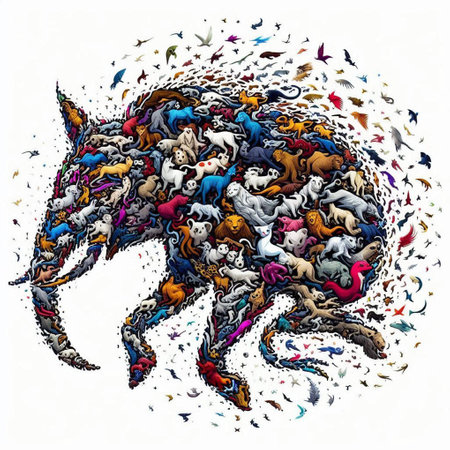 Colorful illustration of a flock of birds flying around the head of a foxの写真素材