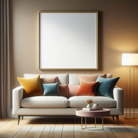 Interior of modern living room with white sofa, pillows and floor lamp. Mock up poster. 3d render