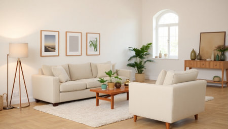 Living room interior with sofa, coffee table and picture frames on wall
