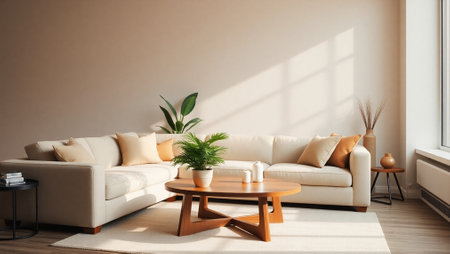 Interior of modern living room with brown sofa and coffee table. 3d renderの写真素材