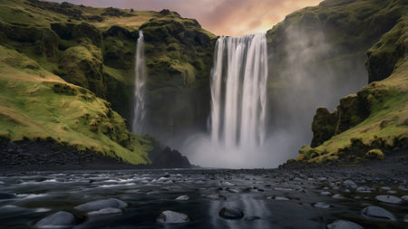 Panoramic view of Skogafoss waterfall in Iceland.の写真素材