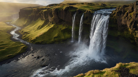 Skogafoss waterfall, Iceland. Panoramic view.