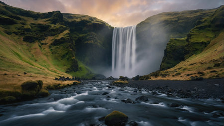 Panoramic view of Skogafoss waterfall, Iceland.の写真素材