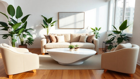Interior of modern living room with white sofa, coffee table and plants