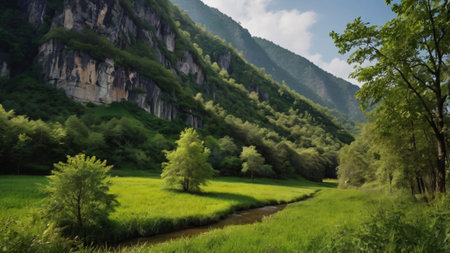 Landscape view of green meadow with trees and mountains in backgroundの写真素材