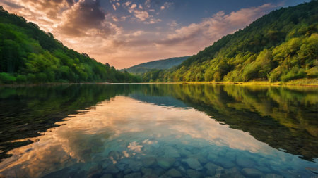 Panoramic view of the beautiful lake in the mountains at sunsetの写真素材