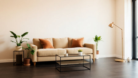 Modern living room interior with sofa, coffee table, plant and lampの写真素材