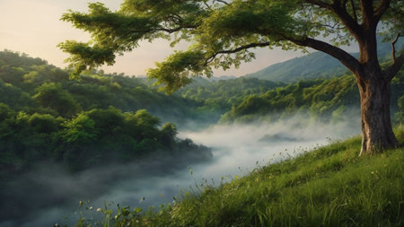 Morning mist in the valley with tree and mountain background, Thailand.の写真素材