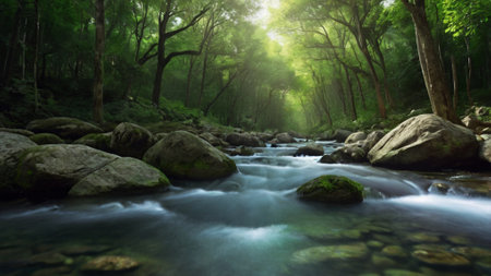 Beautiful mountain river flowing through the forest, long exposure shot.