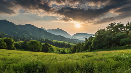 Beautiful summer landscape with mountains and meadow at sunset time.の写真素材