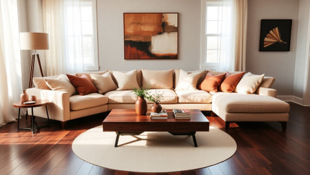 Interior of modern living room with beige sofa and coffee tableの写真素材