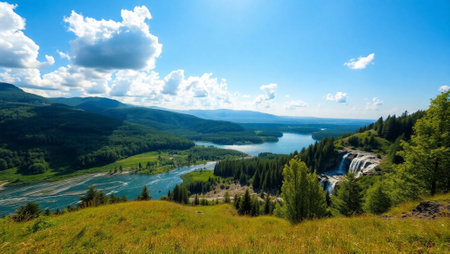 Beautiful mountain landscape with river and forest. Panoramic viewの写真素材