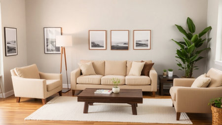 Modern living room interior with sofa, coffee table and picture frames.の写真素材