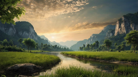 Landscape of Tam Coc river in Ninh Binh, Vietnamの写真素材