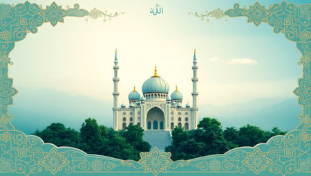 Beautiful mosque on the hill with blue sky and white clouds backgroundの写真素材