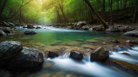 Beautiful waterfall in the forest. Soft focus, long exposure.の写真素材