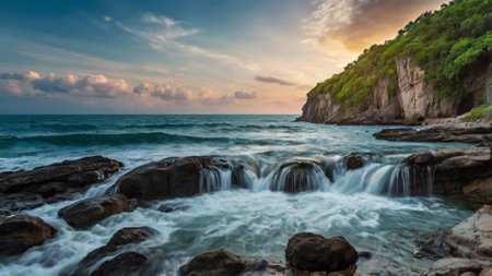 Long exposure of a beautiful water feature on a rocky beach in Thailand.の写真素材