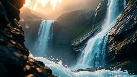 Beautiful waterfall in the mountains at sunrise. Dramatic scene.の写真素材