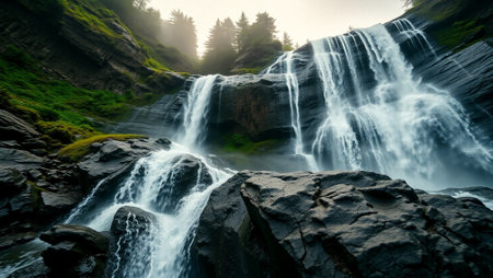 Beautiful waterfall in the mountains at sunrise. Long exposure shot.の写真素材