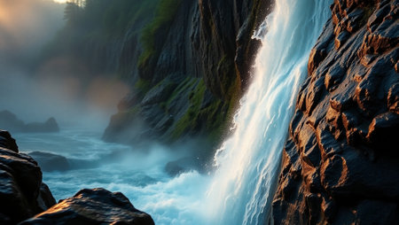 Beautiful waterfall in the morning light. Long exposure shot. Finland.の写真素材