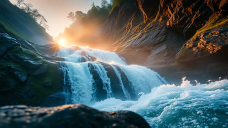 Beautiful waterfall in the mountains at sunset time. Nature background.