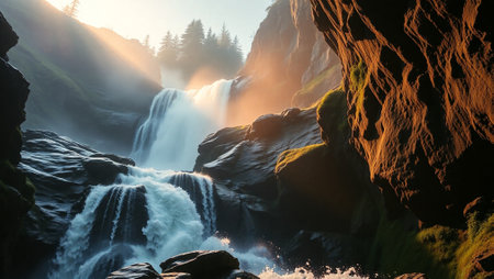 Beautiful waterfall in the mountains at sunset. 3d render.