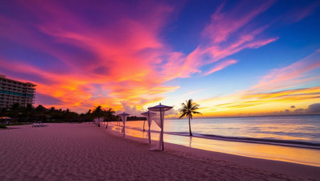 Beautiful sunrise on the tropical beach. Colorful sky and sea.の写真素材