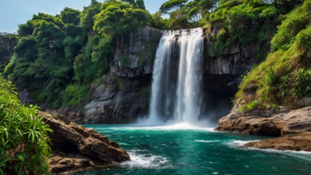 Panoramic view of beautiful waterfall in tropical rainforest. Beautiful nature background.の写真素材