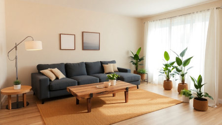 Interior of modern living room with sofa, table and plants. Nobody insideの写真素材