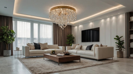 Modern living room interior design with white sofa, coffee table, bookshelf and chandelier
