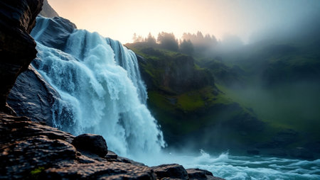 Waterfall in the mountains of Iceland. Long exposure. HDR.