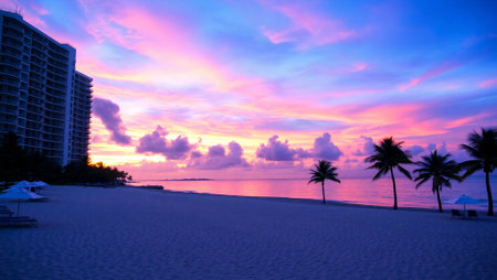 Beautiful sunset on the beach with palm trees and sunbedsの写真素材